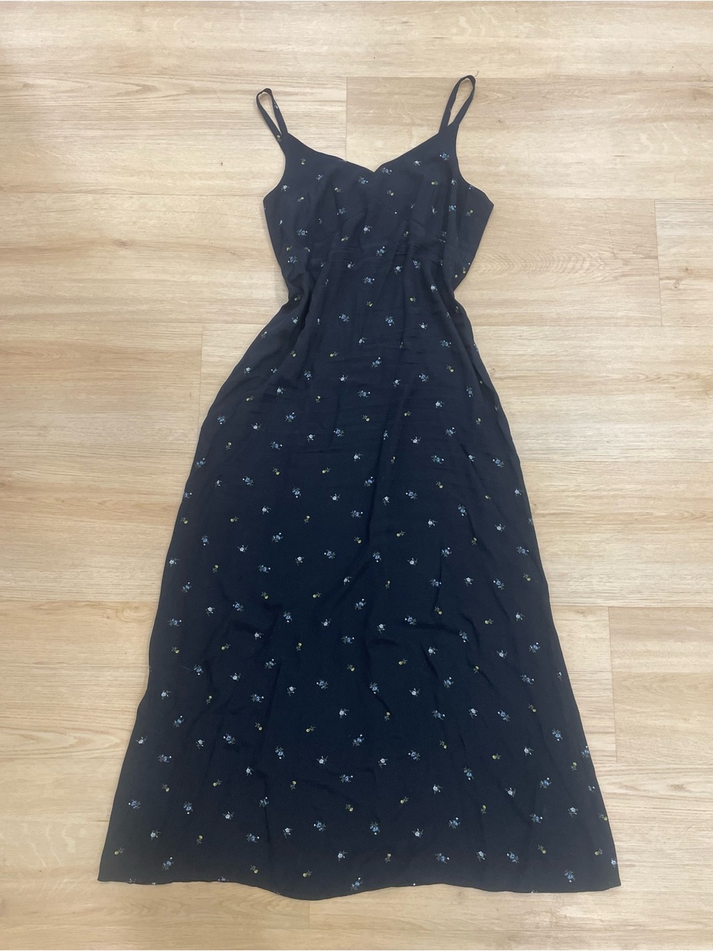 Vintage GAP black rayon maxi dress with small floral print, size 10
